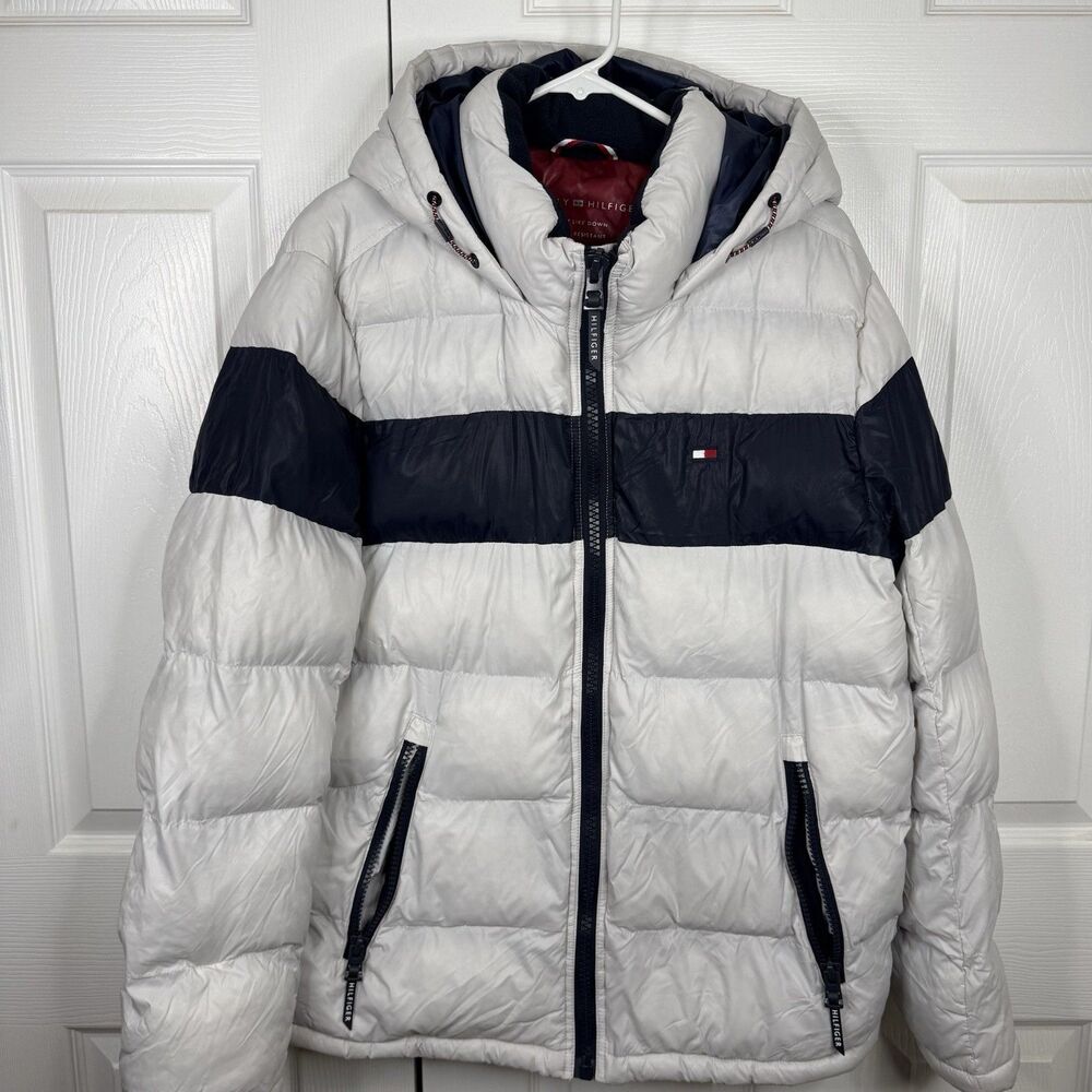Tommy Hilfiger White/Navy Retro Puffer Jacket M Vintage Y2K Hooded Size M 1191